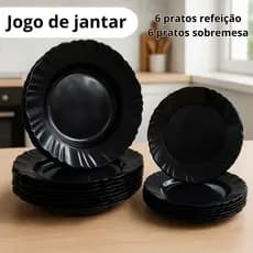 JOGO DE JANTAR 12 PEÇAS -6 PRATOS PÉTALA REFEIÇÃO E 6 PRATOS SOBREMESA, PLASTICO RESISTENTE PRETO