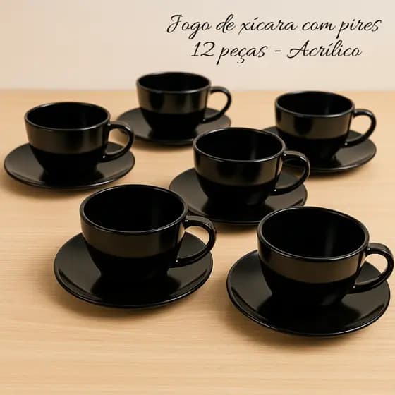JOGO DE XÍCARAS COM PIRES 12 PEÇAS - 6 PIRES - 6 XÍCARAS 200ML ACRÍLICO COR PRETO PARA CHÁ/CAFÉ