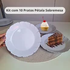 KIT 10 PRATOS BRANCO PÉTALA SOBREMESA 17CM PLÁSTICO RESISTENTE PARA FESTAS, ANIVERSÁRIOS, REUNIÕES