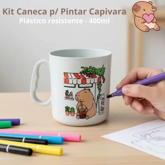 10 a 50 CANECAS DE PINTAR/COLORIR CAPIVARA, PLÁSTICO RESISTENTE 400ML C/DESENHO DIVERTIDO, CRIATIVO