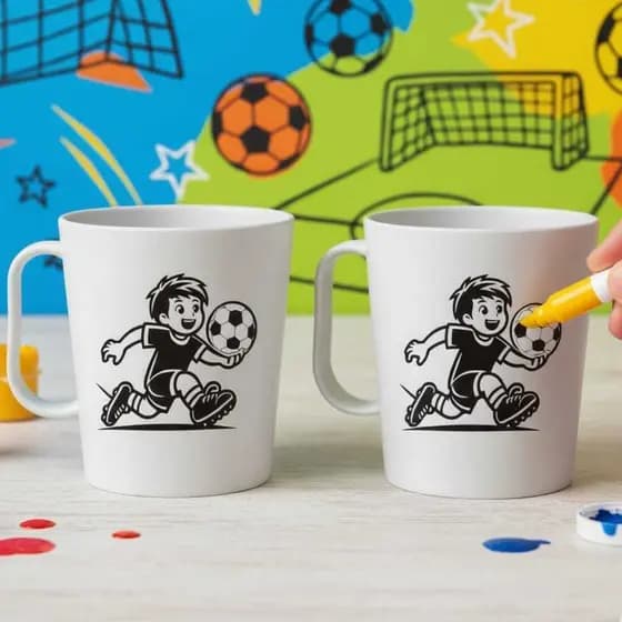 KIT C/ATÉ 50 CANECAS DE PINTAR/COLORIR MENINO JOGADOR FUTEBOL, PLÁSTICO 400ML DIVERTIDO, DESENHO