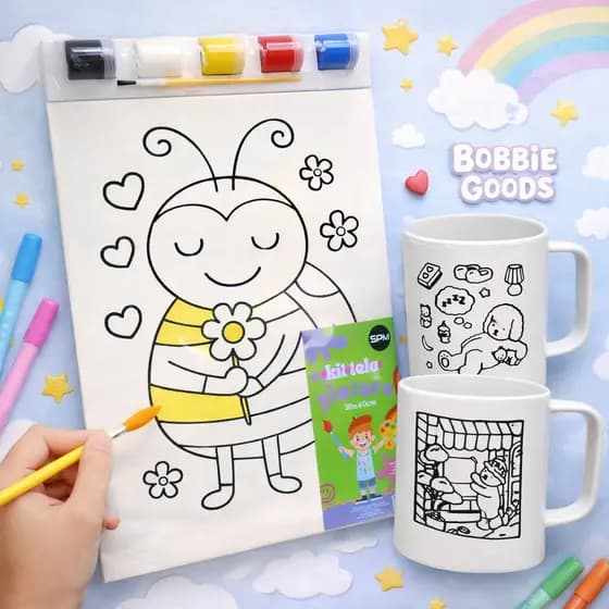 KIT PINTURA, TELAS DE PINTAR C/TINTAS E PINCEL + 2 CANECAS PARA COLORIR 400ML (ENVIAMOS SORTIDOS)