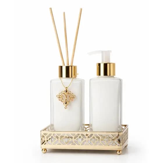Kit Lavabo Luxo Banheiro Vidro Difusor + Saboneteira 150ml / 250ml com Bandeja de Metal