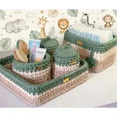 kit higiene bebê 5 peças em crochê fio de malha para quarto de bebe Quarto safari jardim encantado