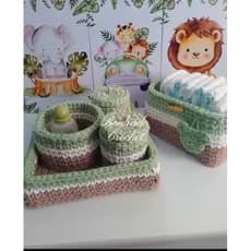 kit higiene bebê personalizado croche fio de malha-5peças- quarto tema safari