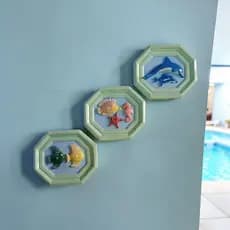 Kit  3 Quadros de Parede Verde Claro Quadrinhos Peixes Decorativo Decoração Piscina