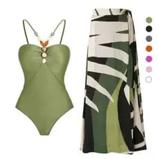 Bikini conjunto de praia Feminino maiô com saia embutida moda saida de praia com bojo  (Verde/Branco/Preto/marrom)