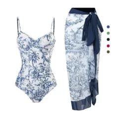 Retro Floral saida da praia feminino Maiô com saia com bojo Moda de praia  (azul / verde / preto / castanho / branco)