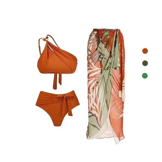 Biquíni cintura alta com saida de praia com bojo feminino Retro floral 3 peças vestido marrom/preto/verde