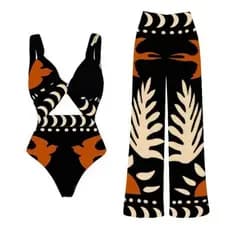 Calças saida de praia com maiô com bojo feminino estampada retrô moda