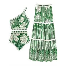 Biquíni de cintura alta com shorts e saia, conjunto de três peças, roupa de praia estampada para mulheres.