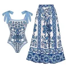 2025 Novo Maiô de Uma Peça com Saia para Mulheres, Estampa Vintage, Roupa de Praia com Proteção Solar, Azul
