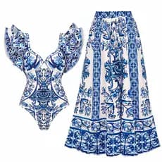 INS 2025 Novo Maiô Feminino de Uma Peça com Saia, Biquíni Estampado Protetor Solar na Cor Azul