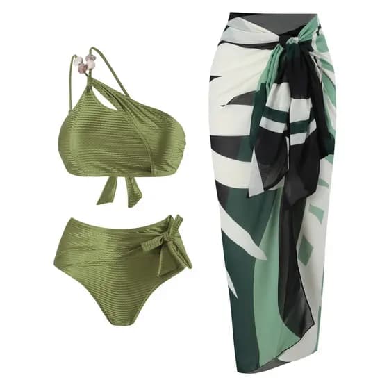 Biquíni Feminino com Saia e Calças Curtas 3 em 1 Conjunto de Moda Praia (Preto/Verde/Laranja)
