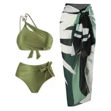 Biquíni Feminino com Saia e Calças Curtas 3 em 1 Conjunto de Moda Praia (Preto/Verde/Laranja)