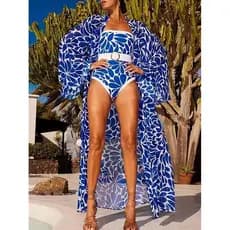Maiô estampado elegante para mulheres, roupa de praia de verão, maiô azul com camisa de manga longa para proteção solar.