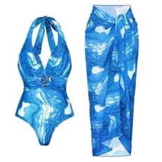 Conjunto de maiô de uma peça com decote halter e vestido de praia, feminino, com decote em V profundo, amarrável e estam