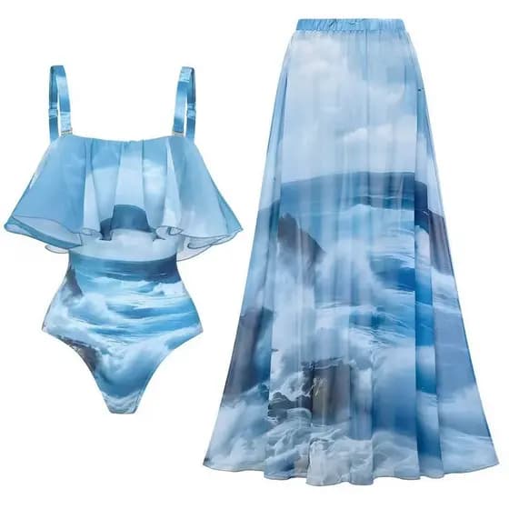 Maiô inteiro com babados e estampa de praia para mulheres, maiô azul conservador.