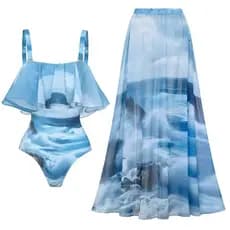 Maiô inteiro com babados e estampa de praia para mulheres, maiô azul conservador.