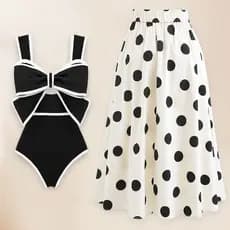 Maiô Retrô Conservador de Uma Peça com Saia de Cobertura, Conjunto de Moda Feminina Dois em Um para Praia (Preto/Branco/