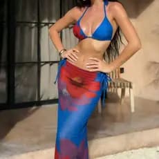 Biquíni estampado com amarração nas costas e saia transparente, conjunto de três peças para férias na praia para mulhere