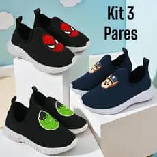 Kit 3 Pares Tênis Infantil Menino Personagens Escolar Calce Fácil Leve Confortável Dia Dia