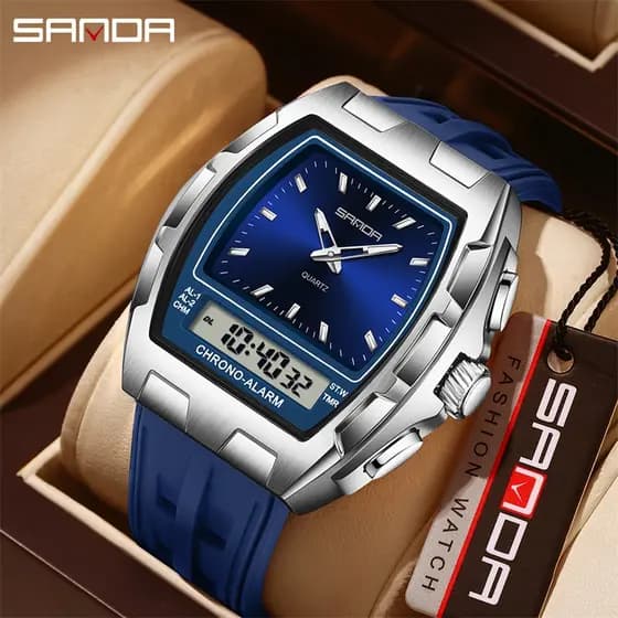 SANDA 6375 Moda Masculina Relógio De Pulso Com Display Duplo Despertador Luminoso Calendário Cronômetro Digital Casual-2