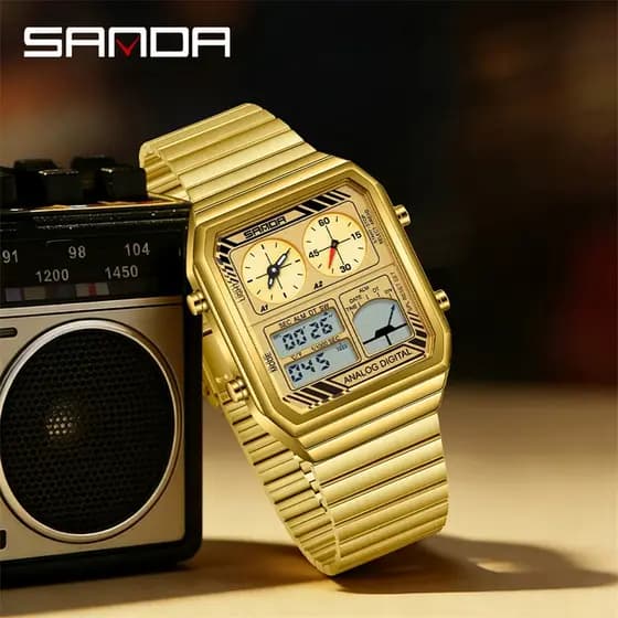 SANDA 6385 LED Eletrônico Quadrado Masculino Juventude Casual Multi-Função Termômetro Cronômetro Cronógrafo Relógio-1