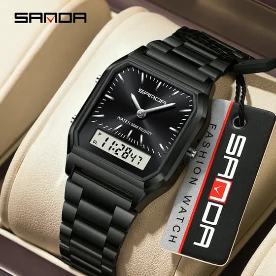 SANDA 747 Relógio Esportivo Masculino Com Display Duplo Multifuncional À Prova D'água LED De Quartzo-12