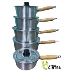 Jogo De Panela Polido Aluminio Grosso Cabo Madeira 5 peças 16cm ao 24cm Antigo Fogão Lenha