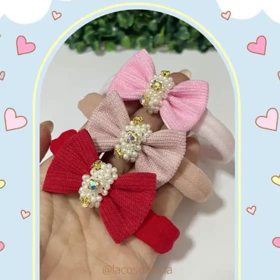 Kit 3 Faixinhas para Bebê Menina Laço Infantil Luxo Faixinha Bebê com Pérolas