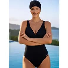 Kit Natação Feminino Maio Bicolor Transpassado Com Bojo Touca Natação Poliamida Logo Marca Refletiva