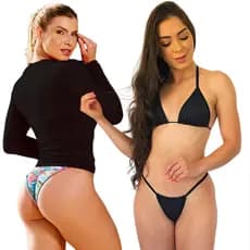 Kit Blusa Térmica Feminina Malha Fria + Conjunto Biquíni Fio Dental Estilo Mel Maia Moda Praia Verão