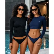 Kit Feminino Blusa Térmica Segunda Pele Malha Fria + Conjunto Cropped Manga Longa Calcinha Asa Delta