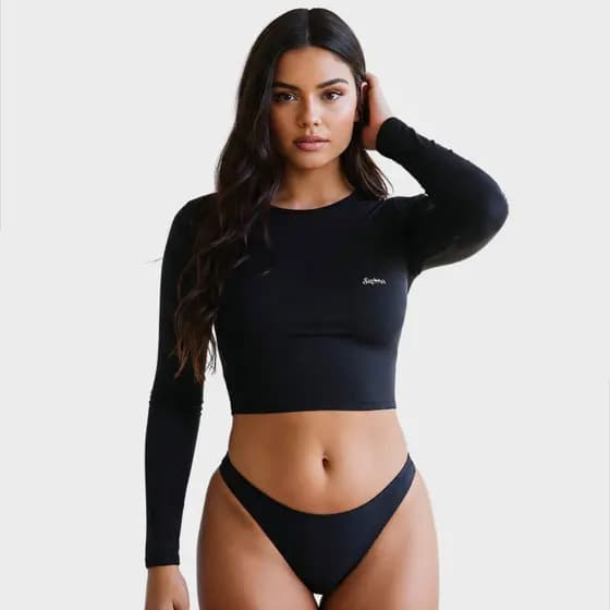 Conjunto Feminino Cropped Manga Longa Blusinha Proteçao Solar Uv Calcinha Fio Asa Delta Moda Praia
