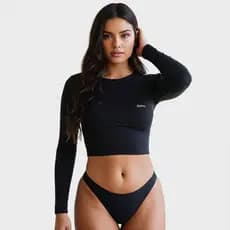 Conjunto Feminino Cropped Manga Longa Blusinha Proteçao Solar Uv Calcinha Fio Asa Delta Moda Praia