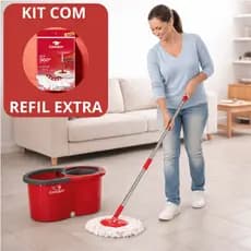KIT MOP GIRATÓRIO 360 CONDOR ORIGINAL + REFIL DE MICROFIBRA EXTRA COM BALDE E CENTRIFUGA LAVA E SECA
