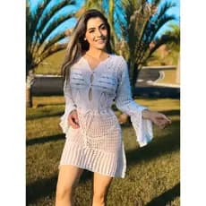 Saída De Praia Manga Flare Vestido em Tricot Elegante Moda Praia Verão