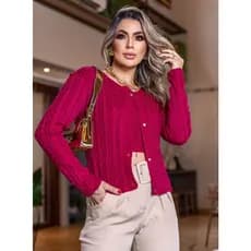 Conjunto Tricot Feminino Casaquinho e Cropped Trança Twin Set Moda Inverno Elegância Charmilly
