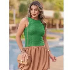 Colete Regatinha Trança Cropped Modal Tricot  Moda Inverno Verão
