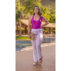 Calça Saída de Praia Feminina em Tricot Furadinha Rendada , Moda Verão Estilo Blogueira