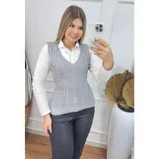 Garrafinha Decote V Colete Tricot Canelado Trança Moda Feminina Inverno Verão Charmilly Tricot