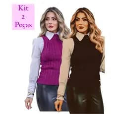 kit 2 Peças Tricot Garrafinha Colete Trança Blusinha Moda Tendencia Feminina Inverno Verão