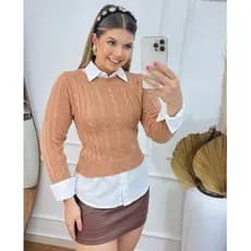 Blusa Cropped Frio Tricot Trança Feminina Moda Elegante Estilosa Inverno Charmilly Tricot