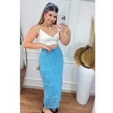 Saia Tricot Eloá Midi Feminina Rendada Confortável Crochê Moda Inverno Verão Charmilly Tricot