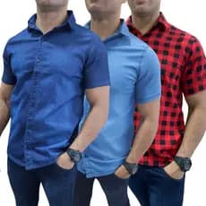 Camisa Jeans Masculina Manga Curta Com Elastano
