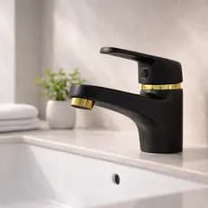 Torneira Monocomando de Bancada Quente e Frio Para Lavatório/Lavabo/Banheiro Preto Fosco e Dourado Luxo