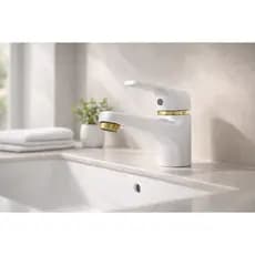 Torneira Monocomando de Bancada Quente e Frio Para Lavatório/Lavabo/Banheiro Branco e Dourado - Plumbing Products