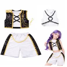 Fantasia Kpop Infantil Demon Hunters – Conjunto Completo Estampado | Top Shorts Colete Corrente Brilho Festa