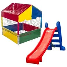 Piscina de Bolinhas Quadrada 1,00m Nacional Premium Colorida Playground + Escorregador Médio